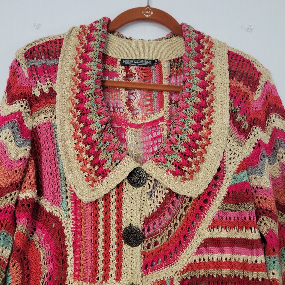 ZoZo Colorful Mixed Print Open Knit 3/4 Sleeve Cardigan size 1X Artsy Boho Retro - Picture 2 of 7